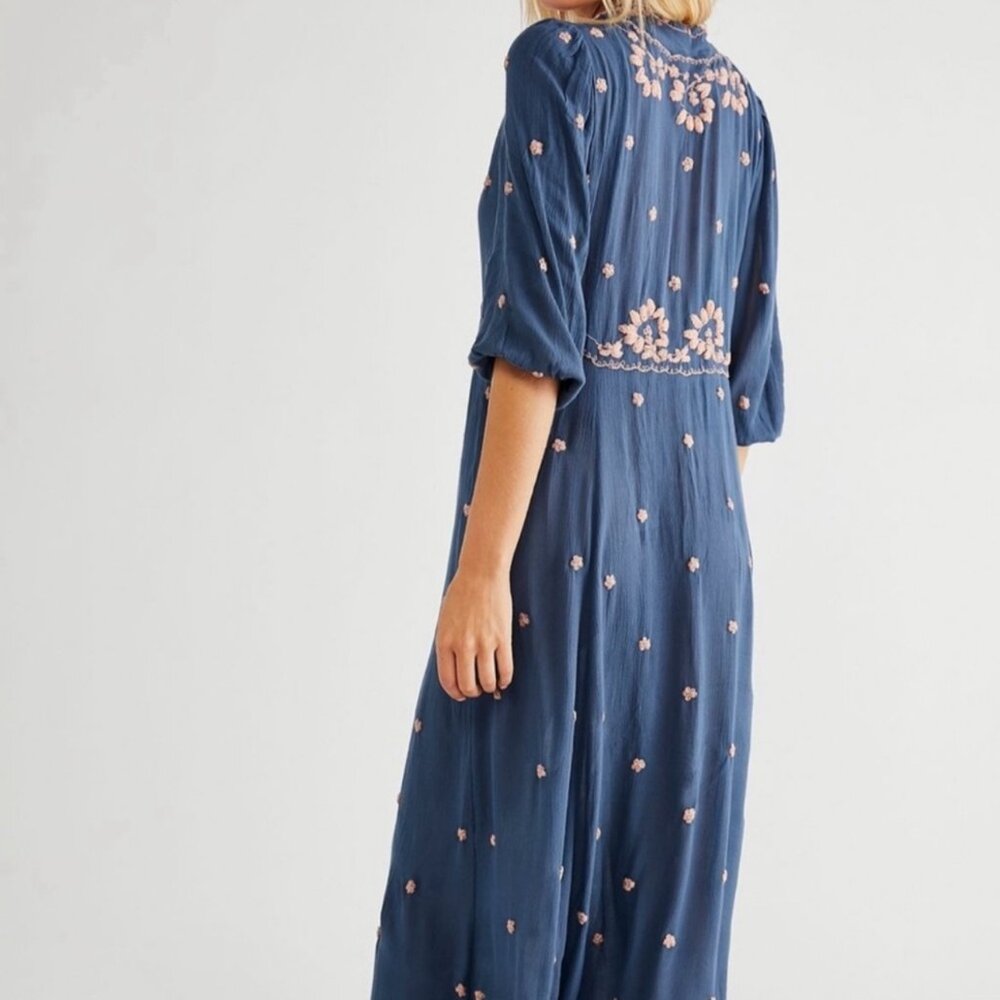🩵Free People Dress Pink Embroidery V-neck Drawstring Midi Maxi Dress Size Small - Picture 4 of 8